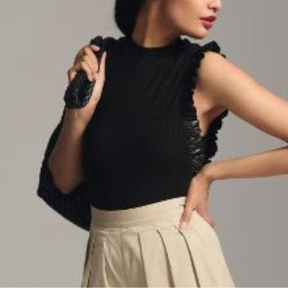 Anthro Black Ribbed Tank with Faux Leather Trim